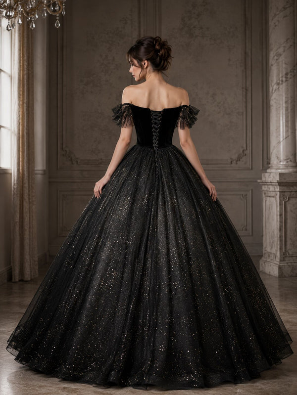 Black Off Shoulder Sparkle Tulle Ball Gown Prom Dress