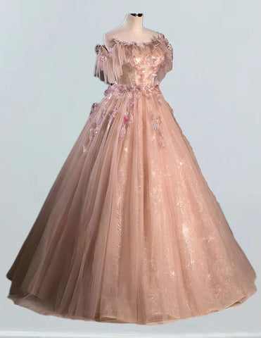 Pink off the shoulder lace ball gown,fairy long tulle prom dress