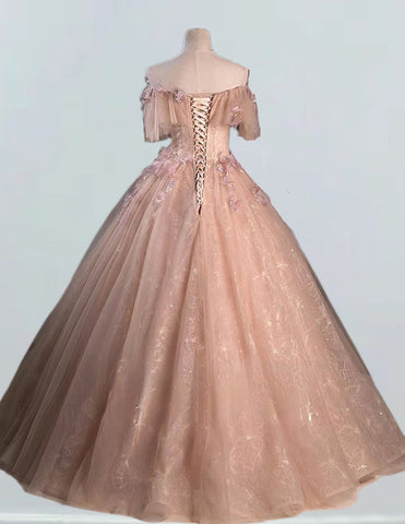 Pink off the shoulder lace ball gown,fairy long tulle prom dress