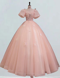 Elegant pink tulle prom dress with puff sleeves and beaded bodice for girls' formal events2