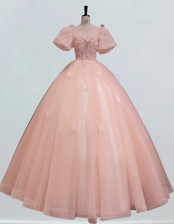 Elegant pink tulle prom dress with puff sleeves and beaded bodice for girls' formal events2