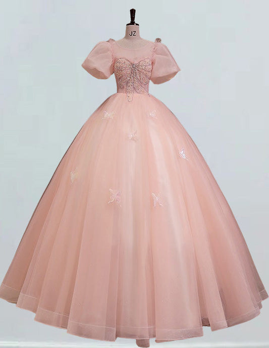 Elegant pink tulle prom dress with puff sleeves and beaded bodice for girls' formal events2 VIMYES