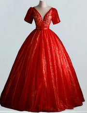 Women's Red Sequin V-Neck Tulle Evening Ball Gown | Elegant Prom & Bridesmaid Dress