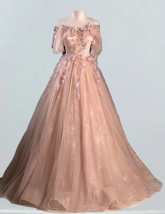 Pink off the shoulder lace ball gown,fairy long tulle prom dress VIMYES