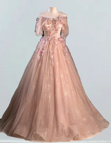 Pink off the shoulder lace ball gown,fairy long tulle prom dress