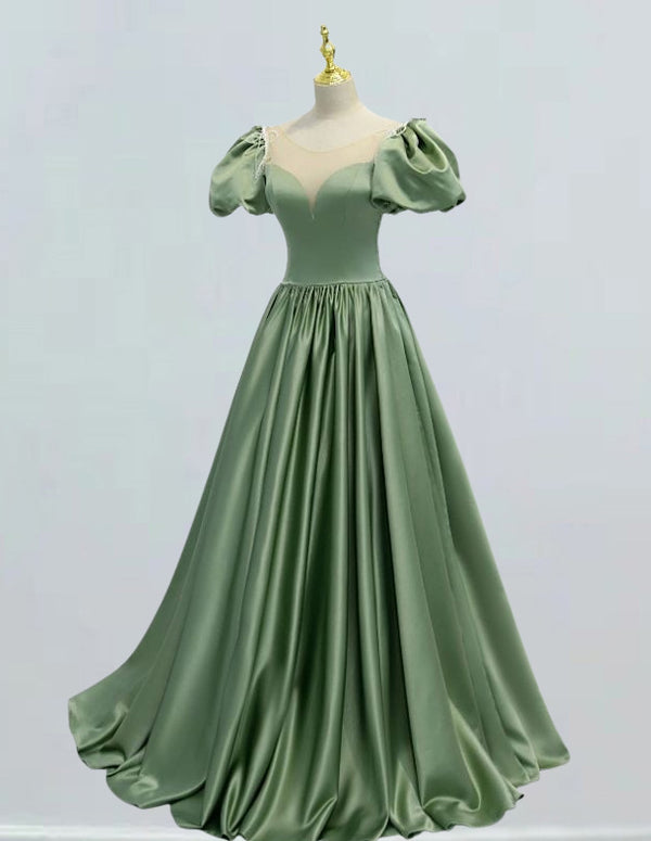 Elegant green satin prom gown with short sleeves, girls' formal ball gown dresses for princess party, evening and bridesmaid events2
