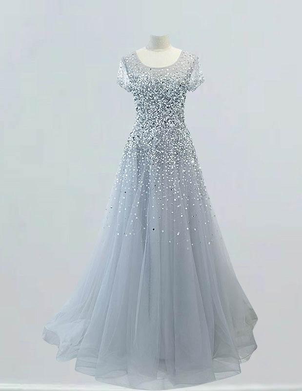 Elegant silver grey tulle prom gown with rhinestone detailing and sleeves for girls0