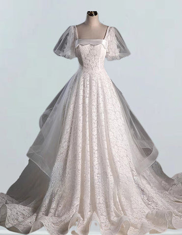 Ivory square puffy sleeve long lace wedding bridal gown