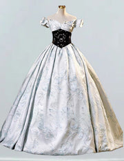 Off the shoulder print satin long ball gown