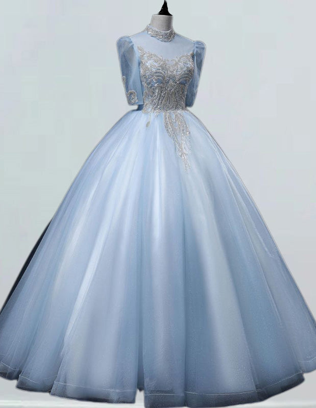 Elegant light blue rhinestone ball gown for girls' prom and bridal events