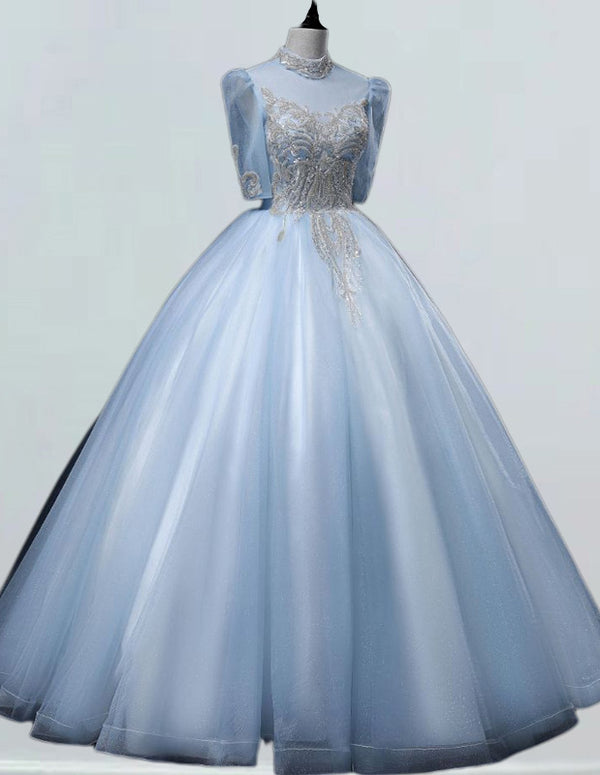 Elegant light blue rhinestone ball gown for girls' prom and bridal events