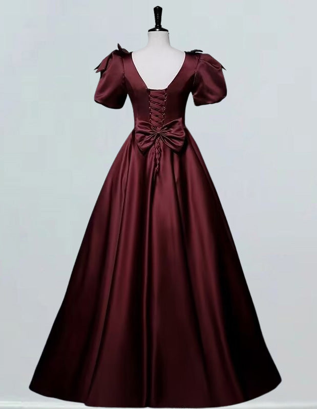 Burgundy v-neck satin prom gown long evening dress for girls2