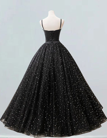 Elegant black tulle lace ball gown for girls with sparkle prom and evening dress features3