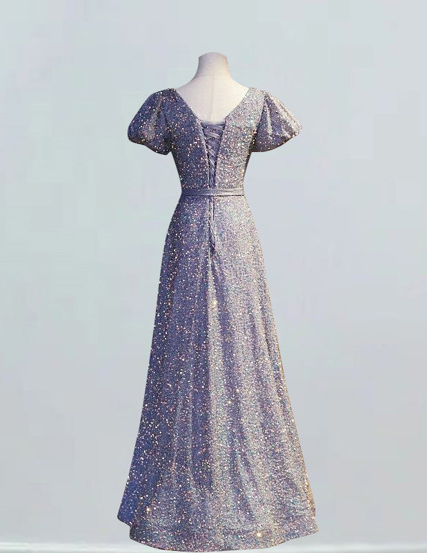 Elegant grey sequin prom dress with scoop neck and short sleeves, perfect for formal events and evening parties1