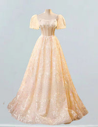 Champagne short sleeve long lace ball gown,Beaded a line tulle prom dress