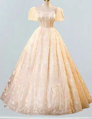 Champagne short sleeve long lace ball gown,Beaded a line tulle prom dress