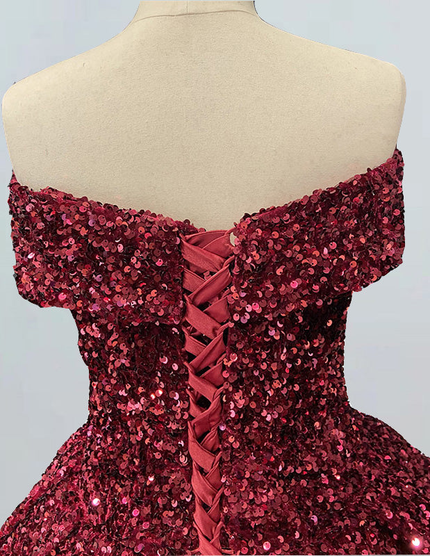 Burgundy velvet off-shoulder sequined prom gown with long train for girls4