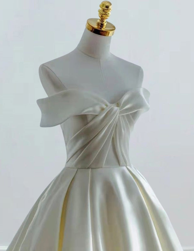 Elegant ivory satin off-shoulder bridal gown with pleats for girls' formal events, including prom and bridesmaid dresses0