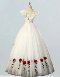 Elegant ivory lace V-neck evening gown for girls, perfect for prom and bridesmaid occasions0