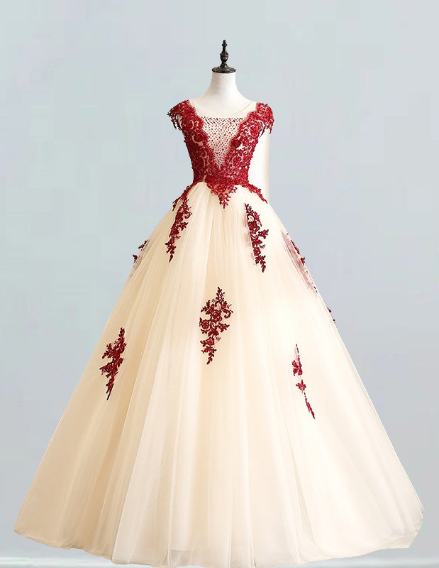 Elegant burgundy tulle evening gown with beaded lace, perfect for prom or formal events2