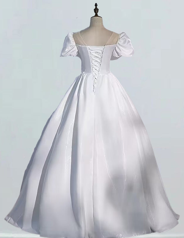 Ivory satin ball gown prom dress for girls, elegant evening bridal wear with off shoulder design and modest aesthetic0