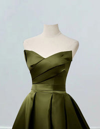 Front view of Olive Green Strapless Satin Pleated Ball Gown for Prom and Bridesmaids