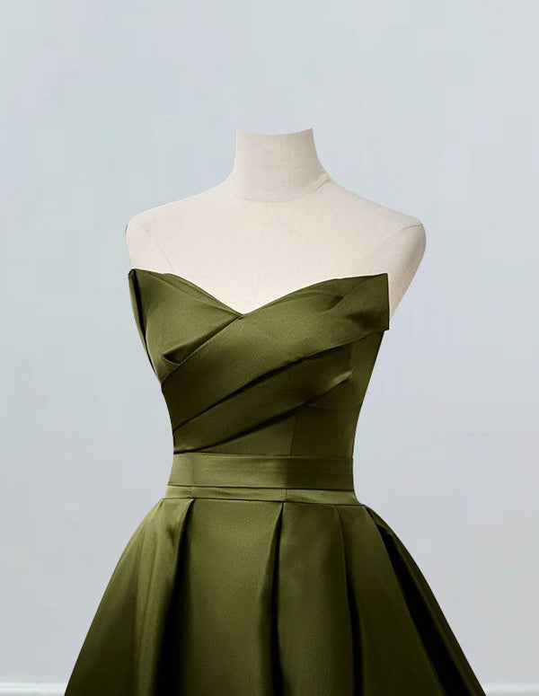 Front view of Olive Green Strapless Satin Pleated Ball Gown for Prom and Bridesmaids