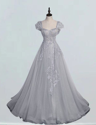 Elegant cap sleeve grey lace evening gown with sweetheart neckline, perfect for prom or as a bridesmaid dress