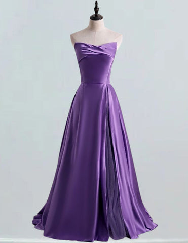 Elegant satin strapless ball gown prom dress, purple pleated evening gown for girls, formal princess party attire with prom and bridesmaid dresses0