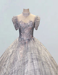 Grey Tulle High Collar Prom Dress with Lace Applique for Girls' Formal Evening Event0