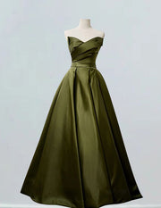 Olive Green Strapless Pleated Satin Ball Gown Prom Dress