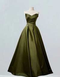 Front view of Olive Green Strapless Satin Pleated Ball Gown for Prom and Bridesmaids