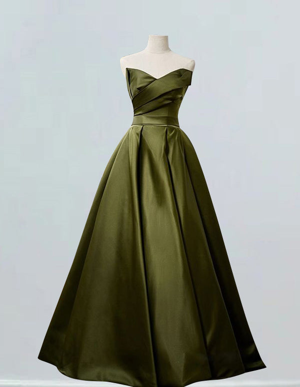 Front view of Olive Green Strapless Satin Pleated Ball Gown for Prom and Bridesmaids