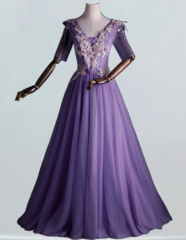 Elegant purple V-neck tulle prom dress with lace applique sleeves for girls2