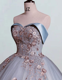Blue strapless lace applique ball gown for prom, elegant and formal evening dress for girls1