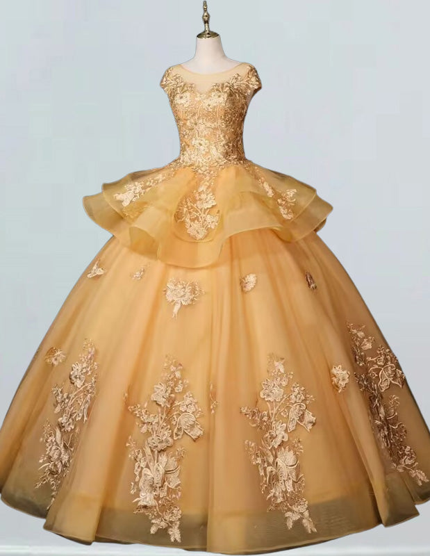 Elegant gold lace applique tulle ball gown for girls, perfect for prom and evening events0