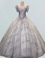 Elegant Grey Tulle Prom Dress with High Collar & Lace Applique | Girls' Formal Evening Gown