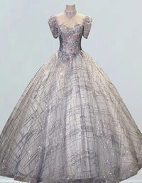 Grey Tulle High Collar Prom Dress with Lace Applique for Girls' Formal Evening Event3
