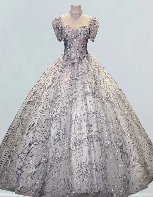 Grey Tulle High Collar Prom Dress with Lace Applique for Girls' Formal Evening Event3