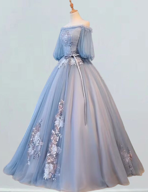 Elegant off-shoulder tulle evening gown with lace applique for girls' prom and formal events