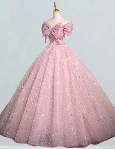 Elegant off-shoulder pink lace Quinceanera ball gown for girls, perfect for prom and formal evening events