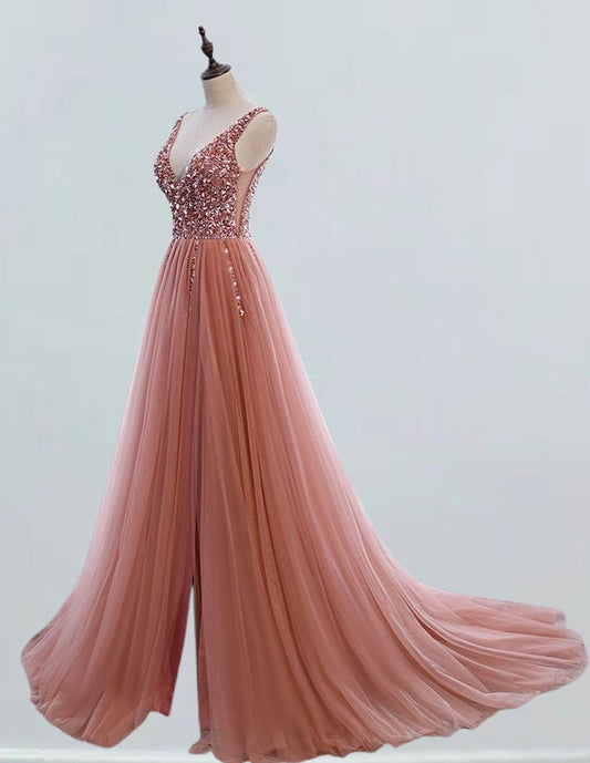 Elegant pink V-neck tulle prom dress with beading and rhinestones for girls2 VIMYES