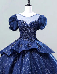 Elegant navy sequin tulle Quinceanera dress for girls, perfect for prom and evening events1