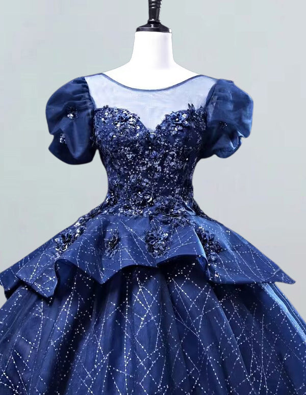 Elegant navy sequin tulle Quinceanera dress for girls, perfect for prom and evening events1