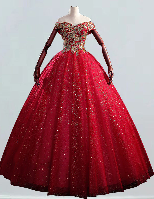 Elegant off-shoulder red tulle beaded ball gown for prom, weddings, and formal events1