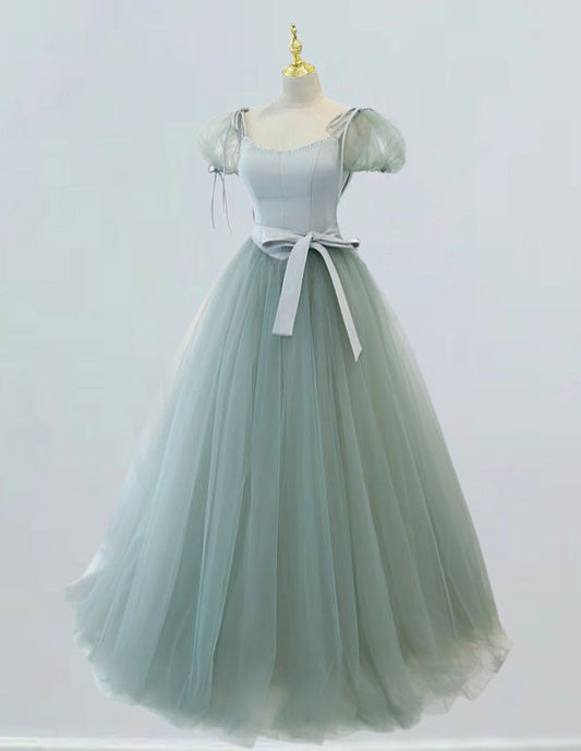 Mint green cap sleeve floor length tulle prom dress for girls, elegant evening party gown with off shoulder and corset features0 VIMYES