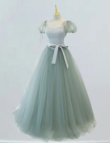 Mint green cap sleeve floor length tulle prom dress for girls, elegant evening party gown with off shoulder and corset features0