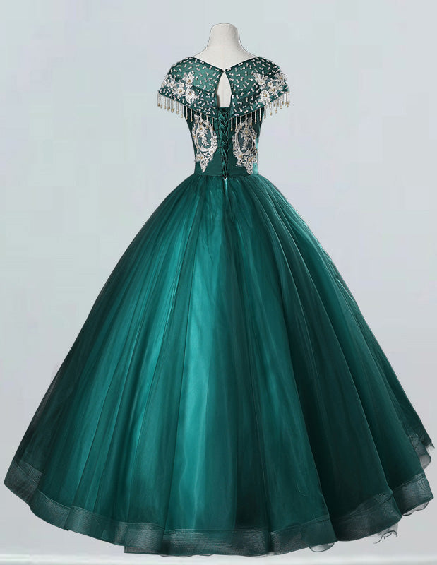 Elegant green lace applique prom gown with boat neck, princess evening dress for girls, formal ball gown dresses and bridesmaid attire0