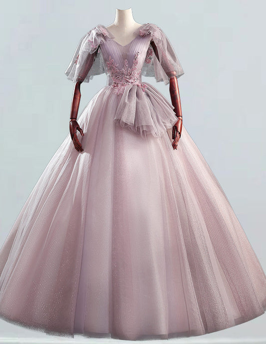 Pink v-neck fairy long tulle ball gown for bridal evening party prom dress with elegant and aesthetic design2 VIMYES