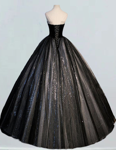 Elegant strapless black tulle quinceanera prom gown evening dress for girls1